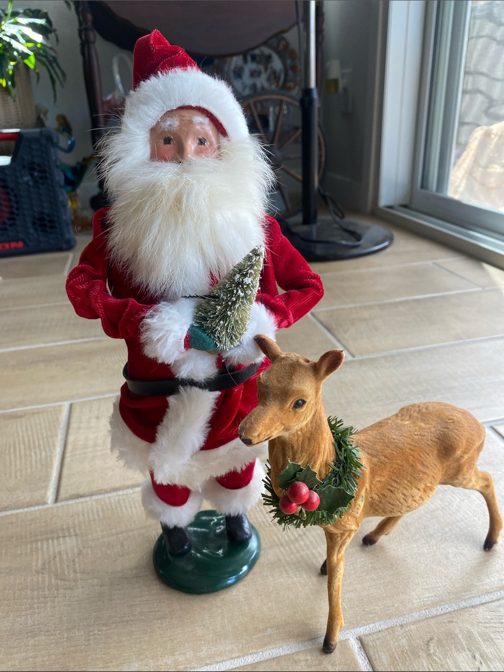 Festive Byers Choice Santa 1992 Figurine with Reindeer Holiday Set - Red